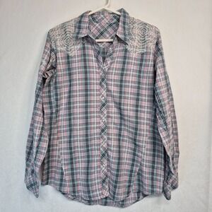 Rock 47 by Wrangler Womens Western Cowgirl Pearl Snap Button up Top Size L Rodeo